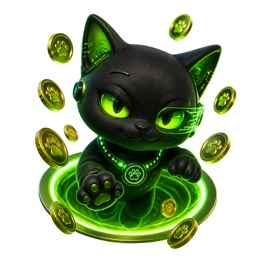 Kittycoin mascot: a neon-eyed cyberpunk cat emerging from a green portal surrounded by paw-print coins